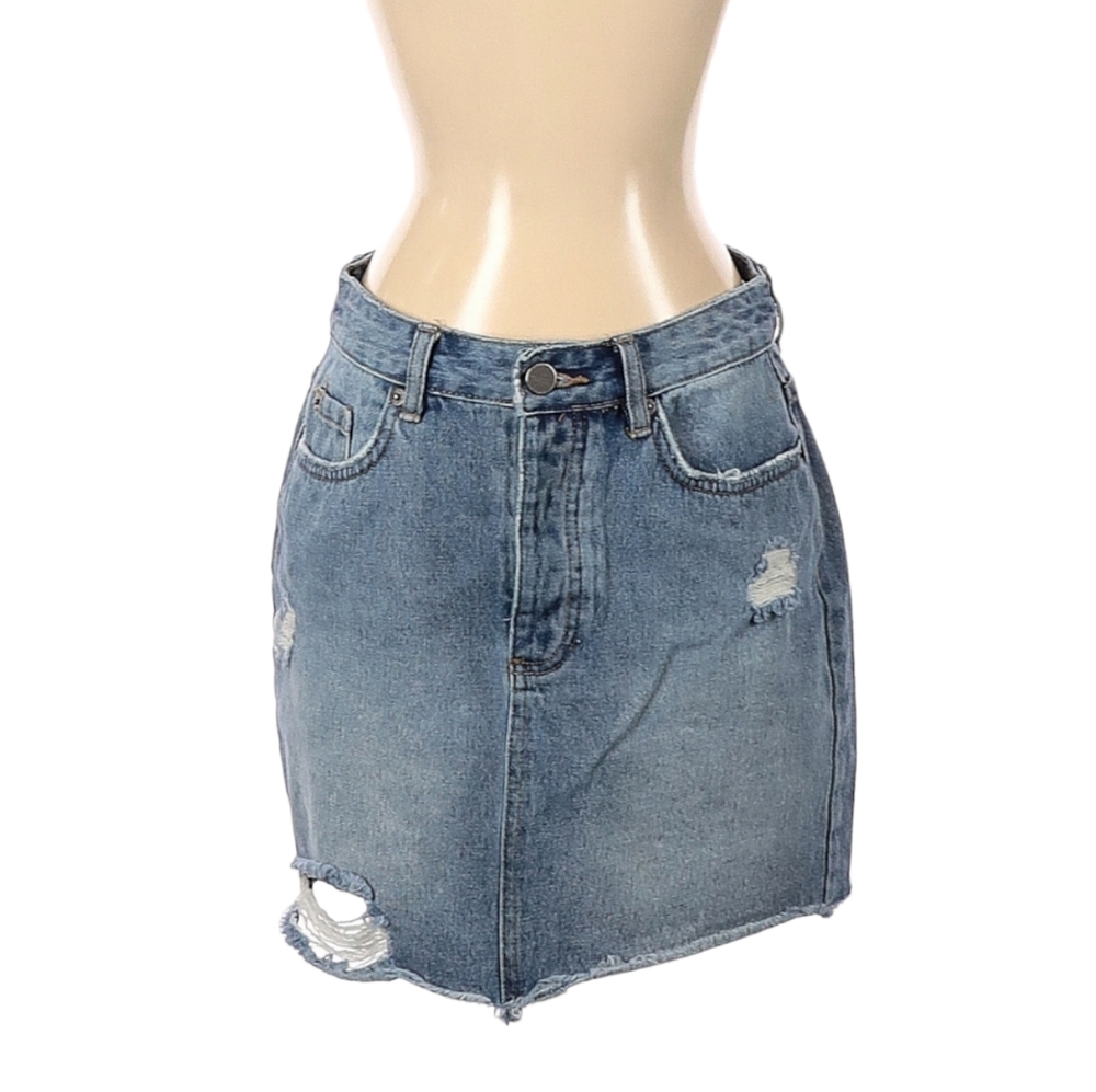 Amuse Society Jean‎ Skirt Size S Light Blue Denim 100% Cotton Mini Distressed
